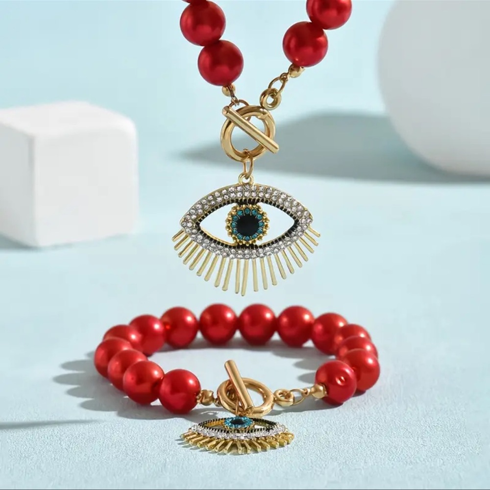 Elegant Beaded Necklace and Bracelet Set with Eye Pendant - Picture 4 of 7